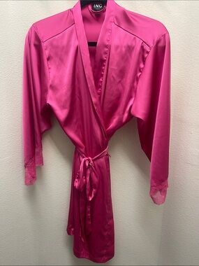 INC International Concepts Satin Wrap Robe in 💕Hot Pink with Lace Trim Small